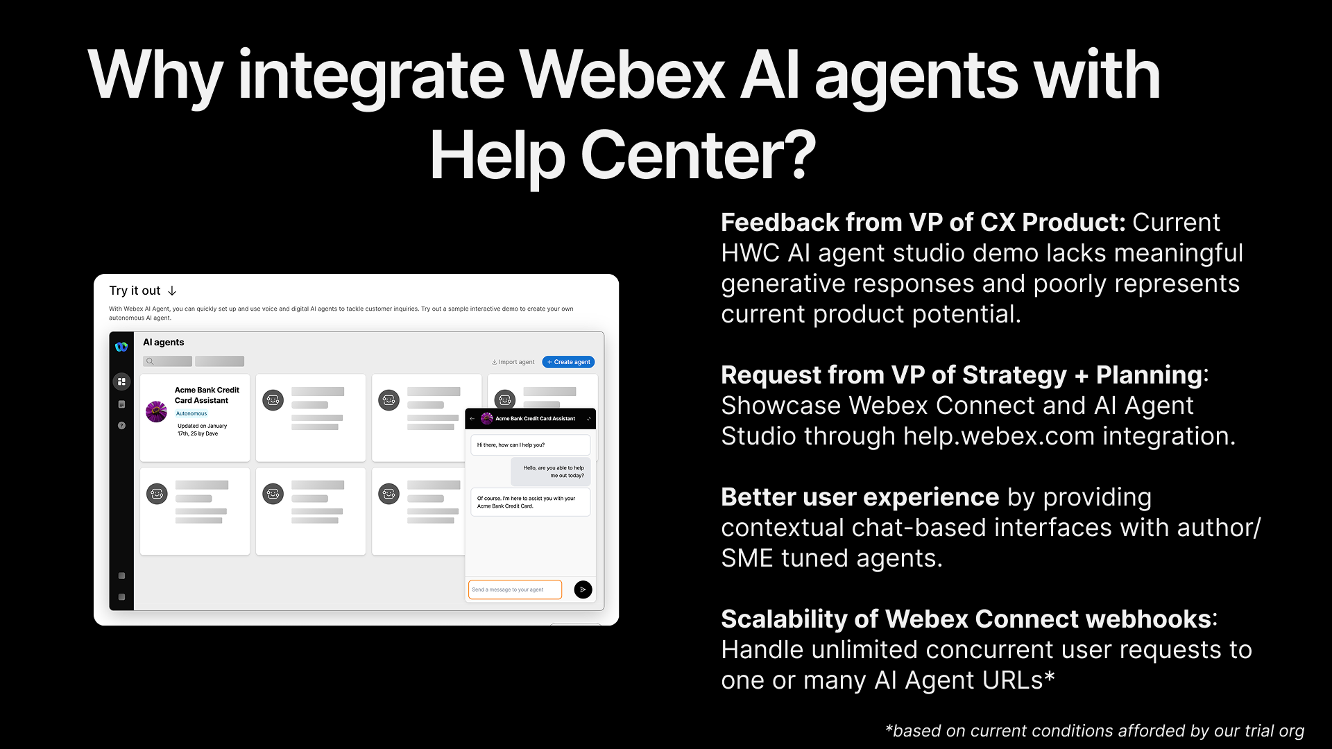 Why integrate Webex AI agents with Help Center — VP feedback bullets and interactive demo embedded in help.webex.com