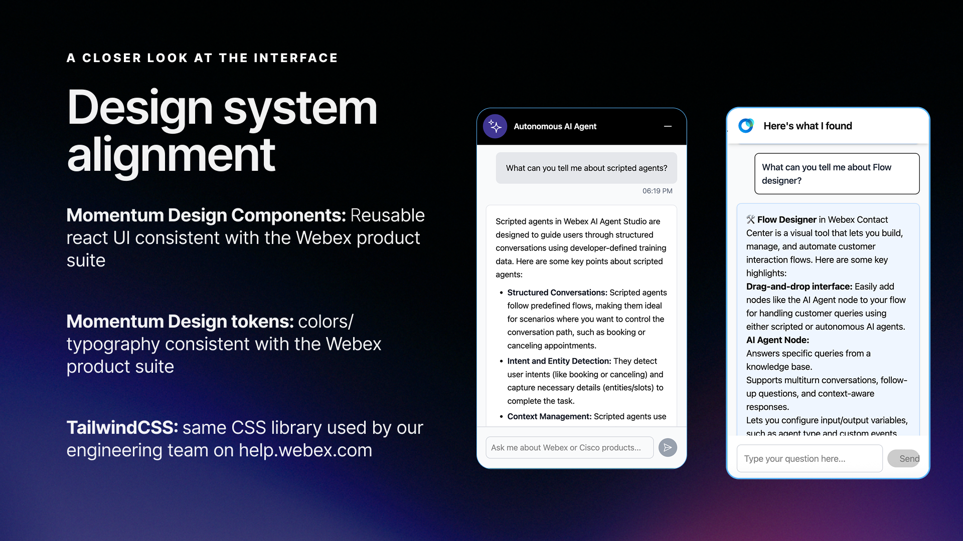 Side-by-side of the two chat UI variants: Autonomous AI Agent widget (dark, Webex-branded) and Cisco AI Assistant (lighter, different brand treatment)