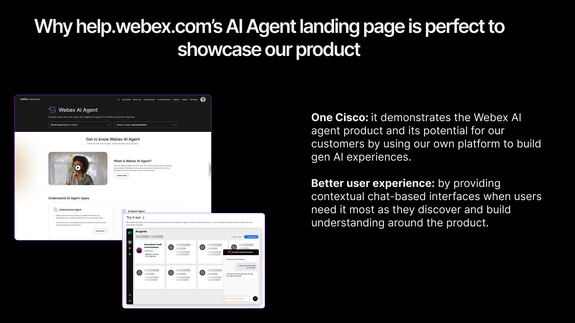 help.webex.com AI Agent landing page showing the interactive demo embedded alongside product documentation