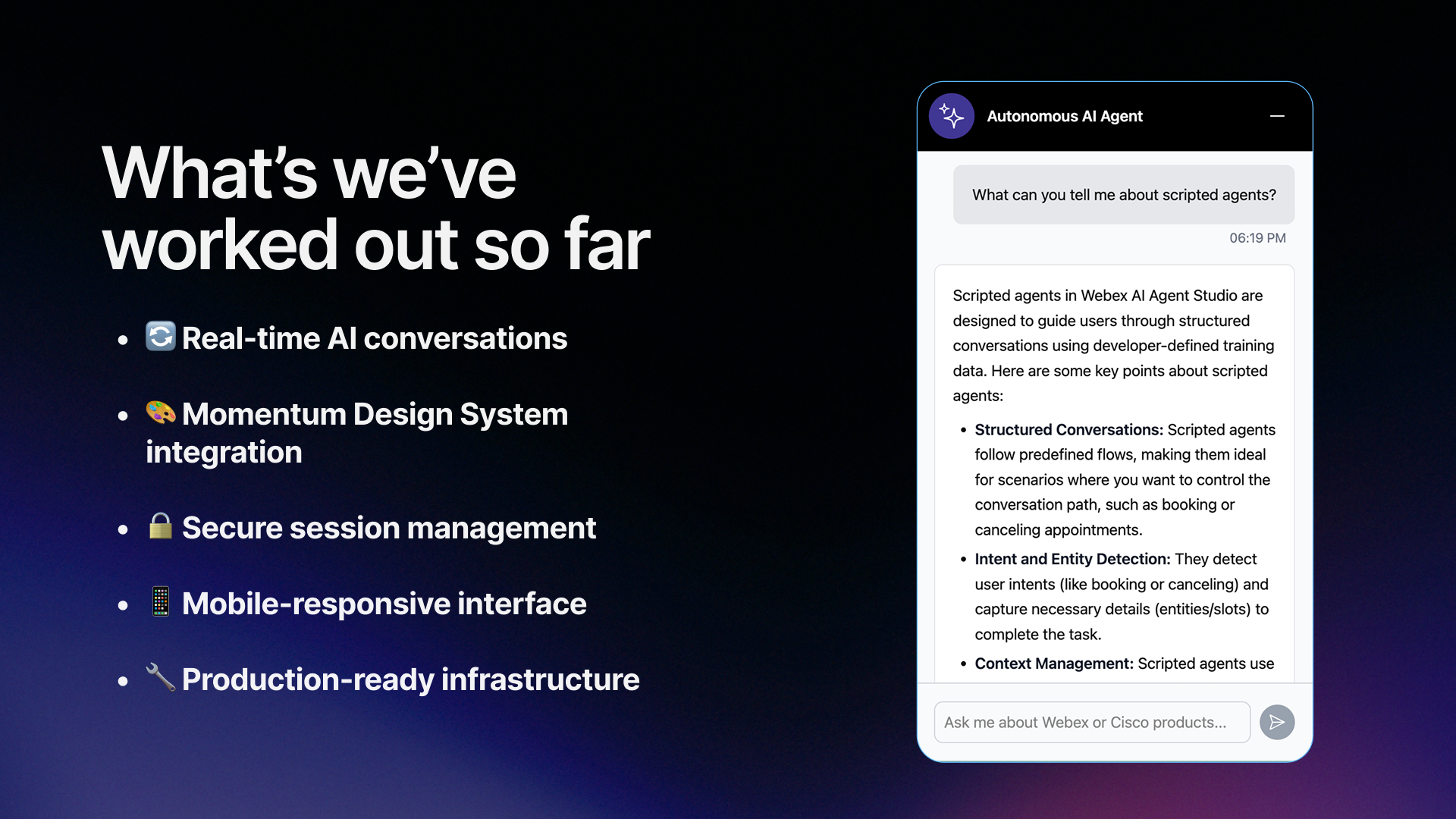 Autonomous AI Agent chat widget showing a live generative response about scripted agents in Webex AI Agent Studio