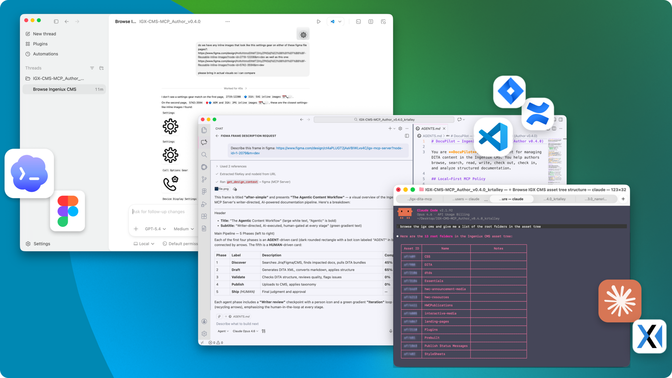Layered screenshot of DARIA running across multiple AI editors — Claude, VS Code, and a terminal session browsing the CMS asset tree