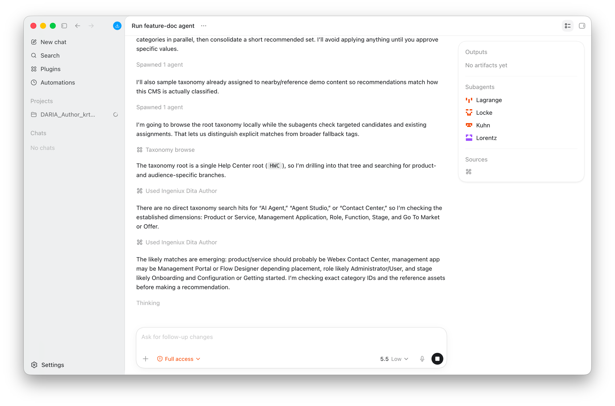 The gated workflow mid-run — DARIA browses the taxonomy read-only, spawns subagents to check candidate categories in parallel, and states it will avoid applying anything until the writer approves specific values