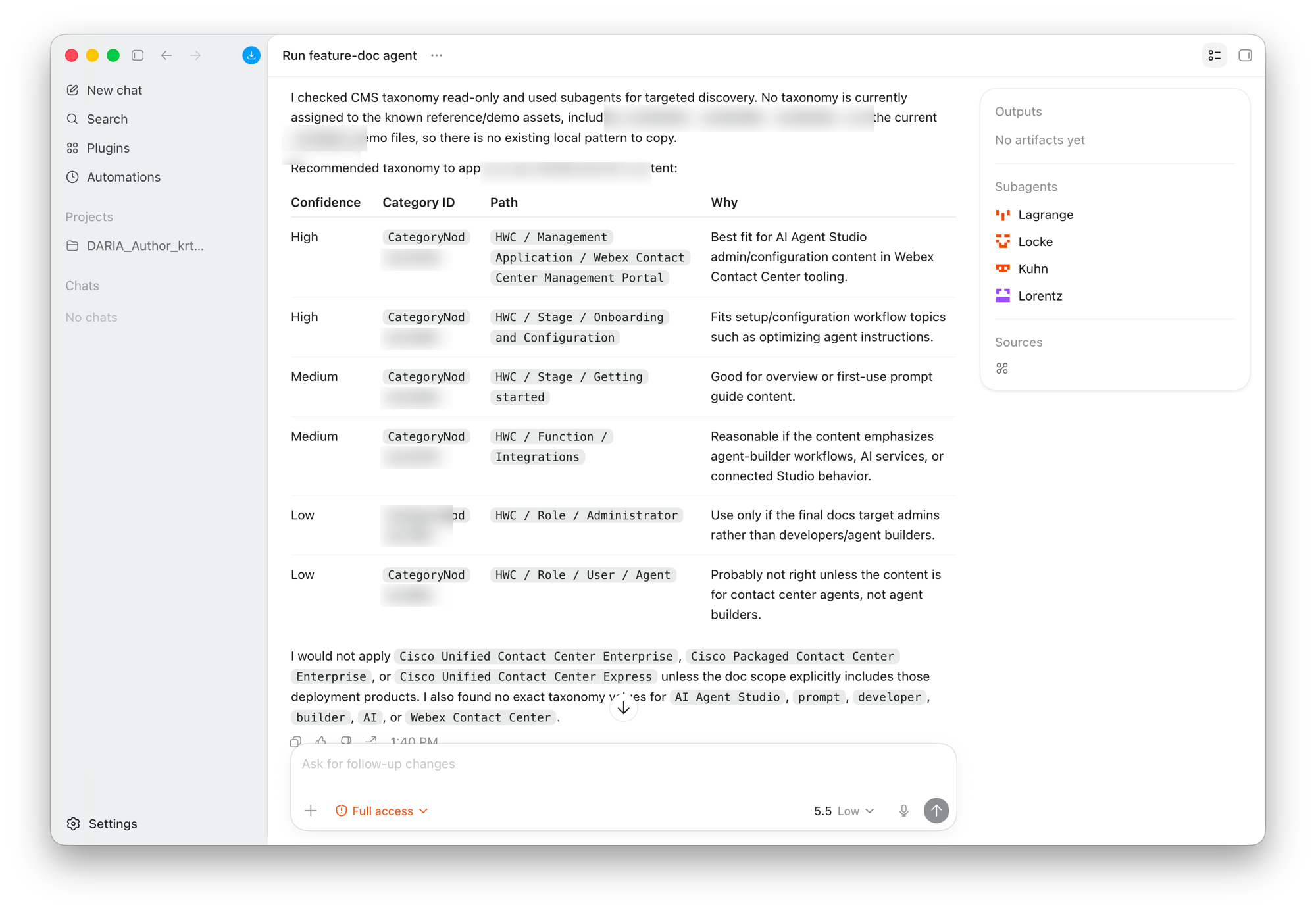 A ranked taxonomy recommendation table with Confidence, Category ID, Path, and Why columns, plus an explicit list of categories the agent would not apply and why