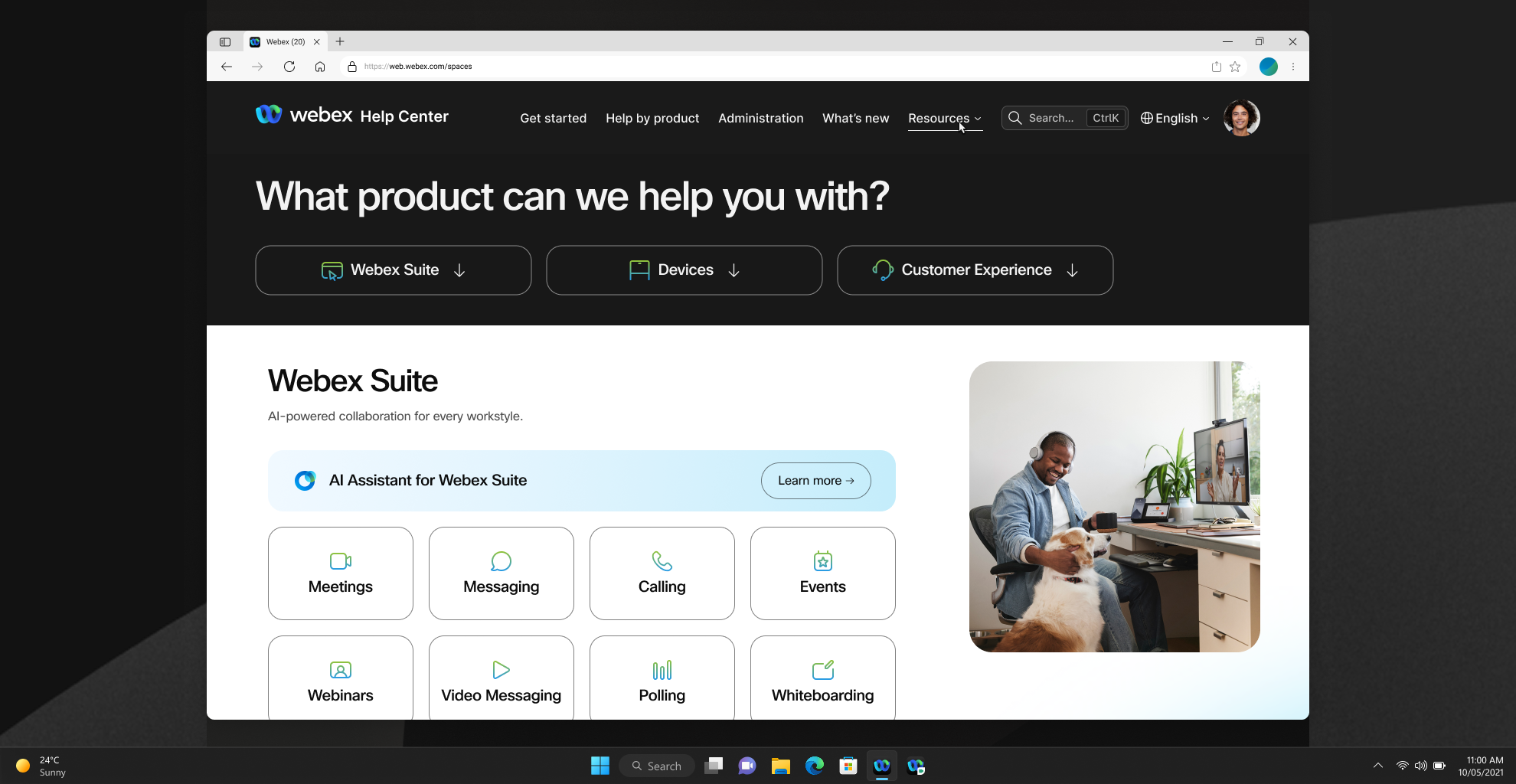 The redesigned Webex Help Center 'Help by product' page at first load — dark-themed page with 'What product can we help you with?' heading, three category buttons (Webex Suite, Devices, Customer Experience), and a product grid showing Meetings, Messaging, Calling, Events, Webinars, Video Messaging, Polling, and Whiteboarding with product icons