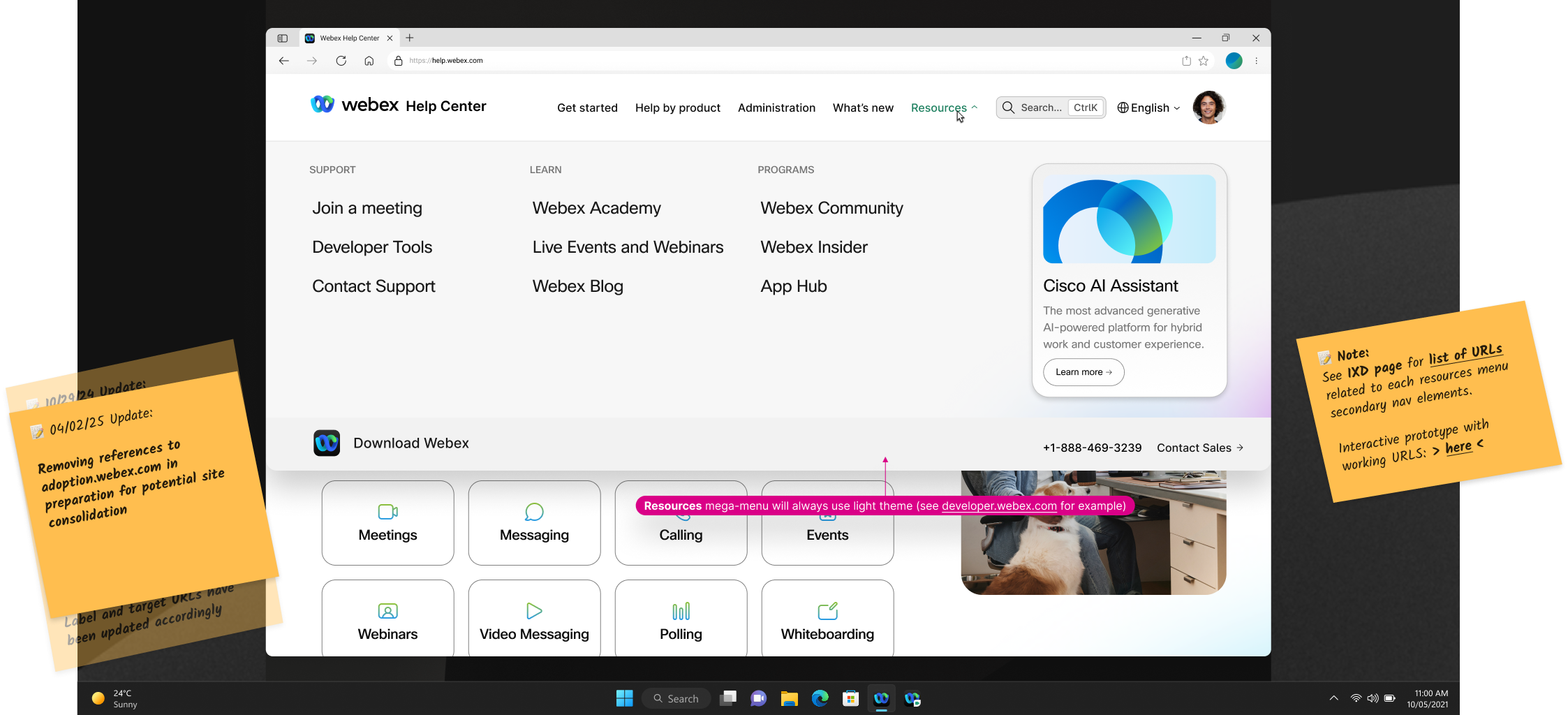 The Webex Help Center homepage with the Resources dropdown menu open — three columns labeled Support (Join a meeting, Developer Tools, Contact Support), Learn (Webex Academy, Live Events and Webinars, Webex Blog), and Programs (Webex Community, Webex Insider, App Hub), alongside a Cisco AI Assistant promotional card; sticky notes indicate the resources menu will always use light theme and reference an interactive prototype