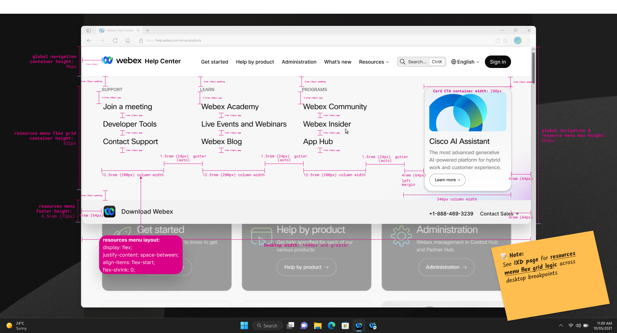 Resources menu layout and spacing specification — annotated Figma frame showing the full homepage with the Resources dropdown open. Pink measurement annotations call out: global navigation container height, resources menu first grid container height, resources menu category column widths (1fr 128px 128px 128px), inter-column gaps (1rem, 8px), and CTA tile widths. A sticky note references the RKB page for resources menu grid logic across desktop breakpoints. Additional annotations specify typography: primary section header (font-size 14/Team, justify-content flex-start, flex-shrink: 0), category caption (font properties), category row item, and CTA CTa tile typography properties.
