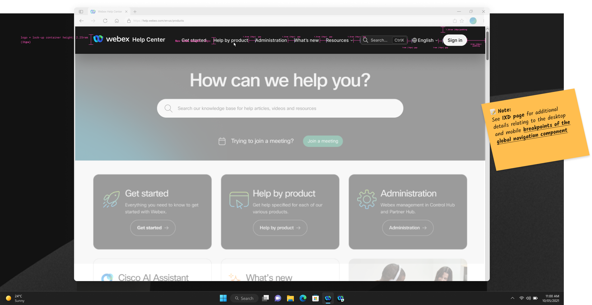 Annotated Figma spec of the redesigned global navigation bar in the signed-out state — nav items (Get started, Help by product, Administration, What's new, Resources, Search, Ctrl+K, English) are measured with spacing callouts; a sticky note references the RKB page for desktop/mobile breakpoints