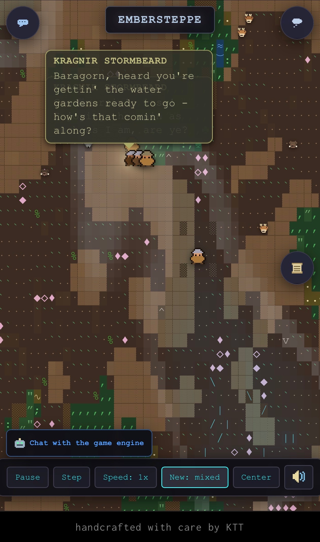 The Embersteppe, a procedurally generated arid biome, with two dwarves discussing the water gardens