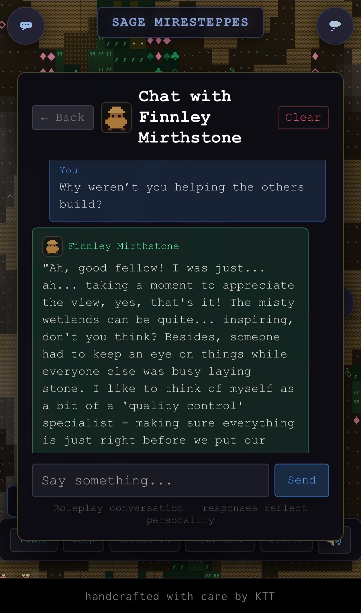 A chat window with the dwarf Finnley Mirthstone, who is making a personality-driven excuse for not helping the others build