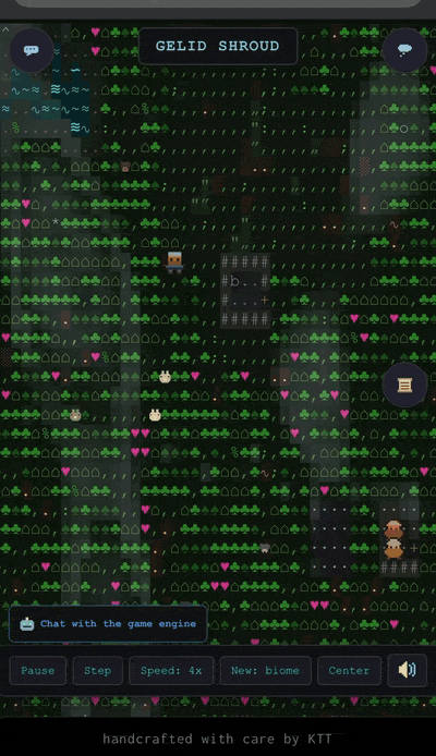 The Gelid Shroud biome simulating in real time — dwarves foraging, wandering, and reacting as the world ticks forward